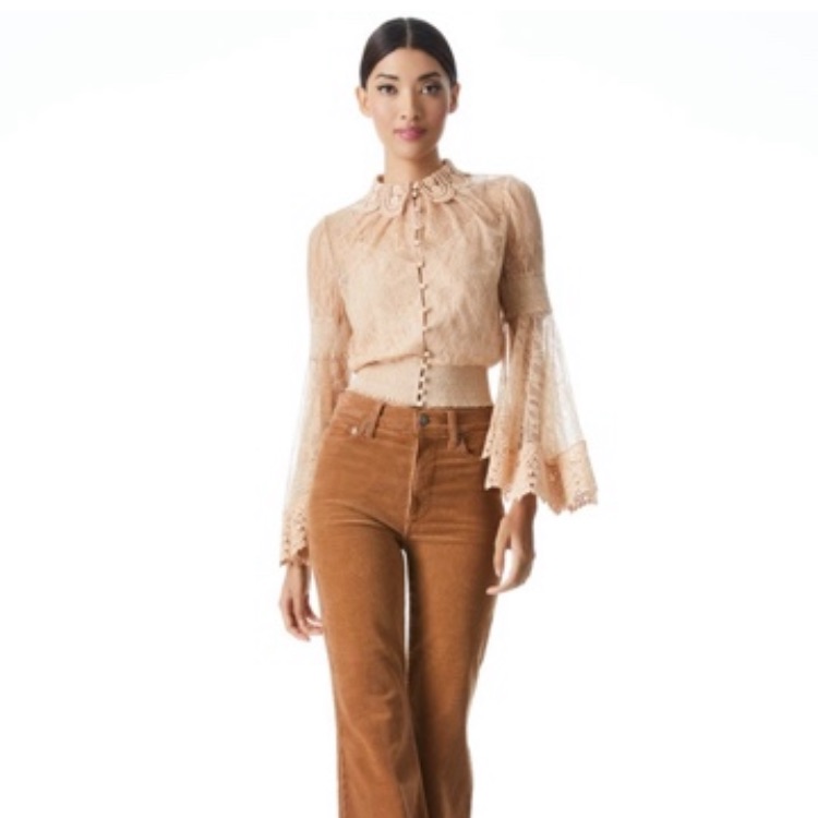Alice + Olivia Millie Bell-Sleeve Crochet Collar Blouse